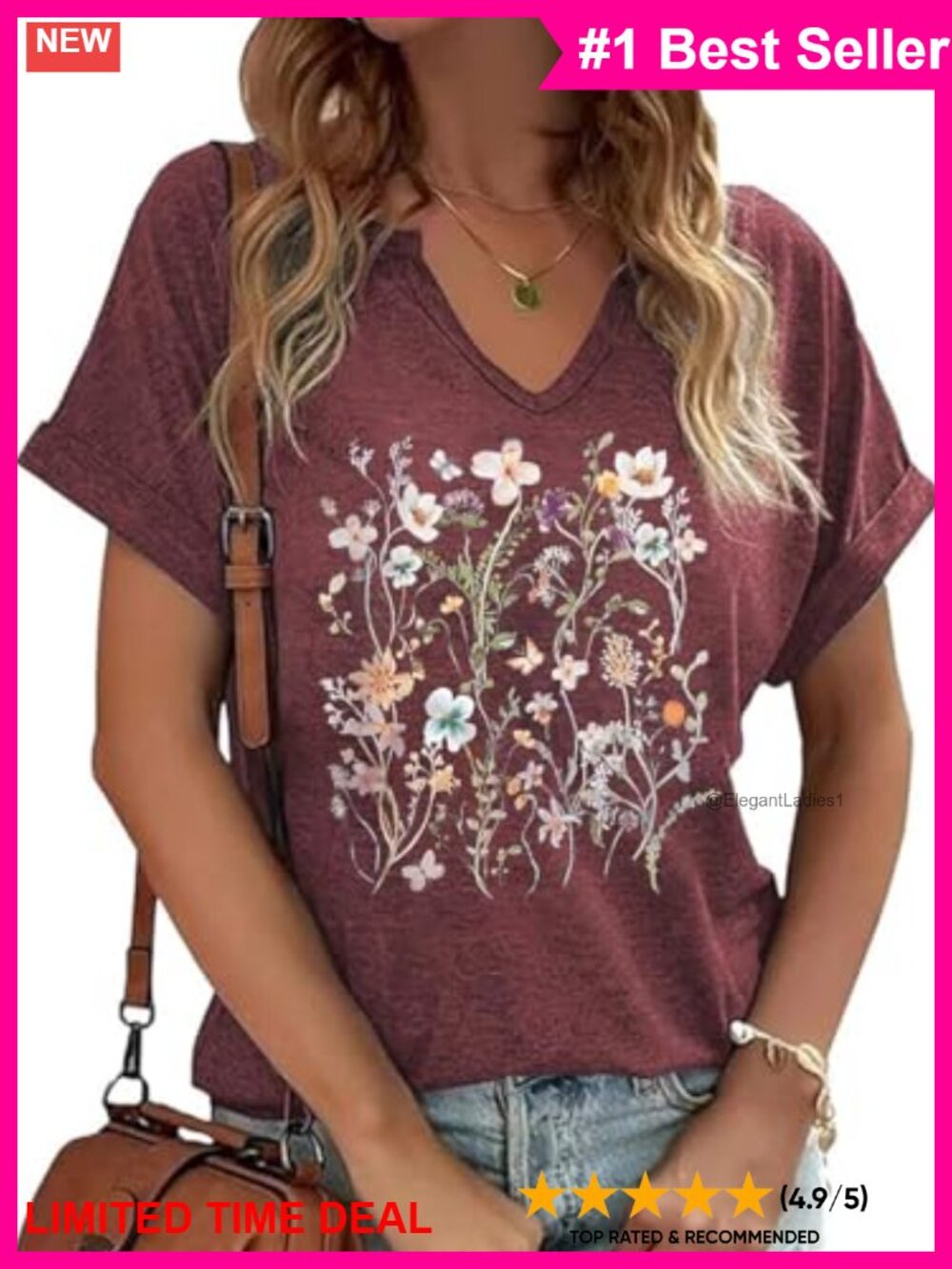 Women's Boho Floral V-Neck Graphic Tee Short Sleeve Casual Summer Shirt